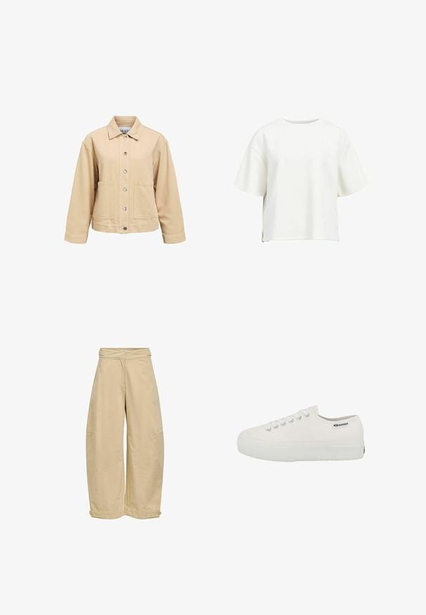 Veste en coton beige avec fermeture à boutons, deux poches avant et col classique. Coupe ample et manches longues.; T-shirt blanc court en tissu doux, avec un col rond, de courtes manches larges et des fentes sur les côtés pour plus de liberté de mouvement.; Pantalon beige à jambes larges avec taille haute et bretelles ajustables boutonnées à l'ourlet sur fond blanc.; Baskets en toile blanches avec une semelle en caoutchouc texturé, un design à lacets et des œillets en métal argenté. Présente un petit logo sur le côté.