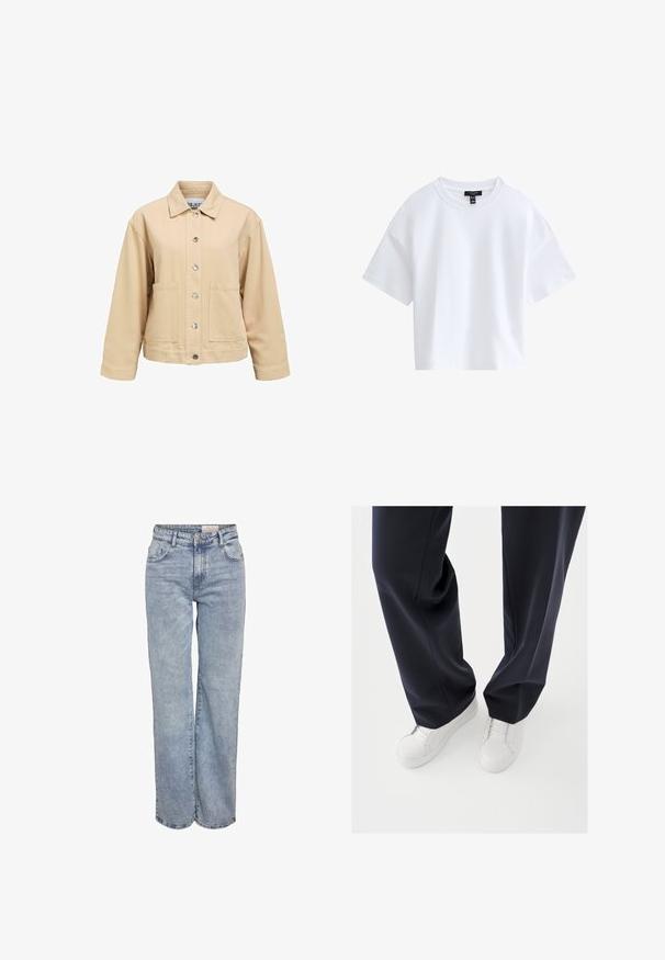 Veste en coton beige avec fermeture à boutons, deux poches avant et col classique. Coupe ample et manches longues.; T-shirt court blanc uni à manches courtes avec un col rond et une étiquette de marque noire à l'intérieur du col.; Jeans larges bleu clair en denim, dotés d'une taille haute, d'un design à cinq poches et d'un léger dégradé pour un aspect usé.; Baskets blanches avec semelles en caoutchouc texturées et lacets plats, associées à un pantalon bleu marine foncé affichant un tissu fluide et ample et une coupe ajustée.
