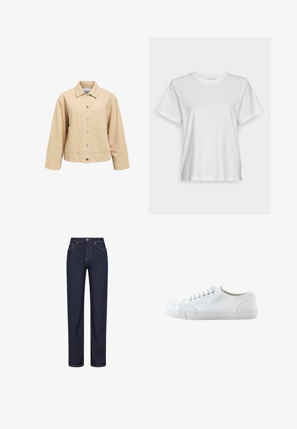 Beige katoenen jas met een knoopsluiting aan de voorkant, twee zakken aan de voorkant en een kraag. Heeft een losse pasvorm en lange mouwen.; Witte katoenen t-shirt met korte mouwen, ronde hals en een ontspannen pasvorm. Soepele textuur, zonder patroontjes of graphics, basisontwerp.; Donkerblauwe jeans met rechte pijpen, voorzakken, riemlussen en een knoopsluiting in de taille.; Witte lage canvas sneaker met witte veters en rubberen zool, gezien van opzij op een witte achtergrond.