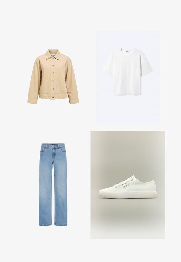 Veste en coton beige avec fermeture à boutons, deux poches avant et col classique. Coupe ample et manches longues.; T-shirt blanc à manches courtes avec col rond et ourlet droit, étiquette de marque "WEEKDAY" à l’intérieur de l’encolure.; Jean large bleu clair en denim. Caractéristiques d'une taille standard, poches avant et une fermeture zippée avec bouton.; Baskets basses blanches en toile avec semelle en caoutchouc texturée, lacets blancs et petite étiquette Calvin Klein sur le côté.