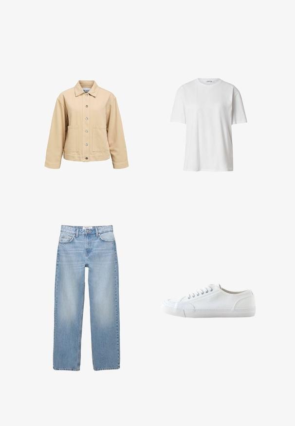 Beige katoenen jas met een knoopsluiting aan de voorkant, twee zakken aan de voorkant en een kraag. Heeft een losse pasvorm en lange mouwen.; Witte katoenen T-shirt met een ronde hals, korte mouwen en een losse pasvorm. Eenvoudig ontwerp zonder zichtbare patronen of accenten.; Lichtblauwe denim jeans met een recht model, vijf zakken en zichtbare stiksels. De stof heeft een zachte, iets vervaagde textuur.; Witte lage canvas sneaker met witte veters en rubberen zool, gezien van opzij op een witte achtergrond.