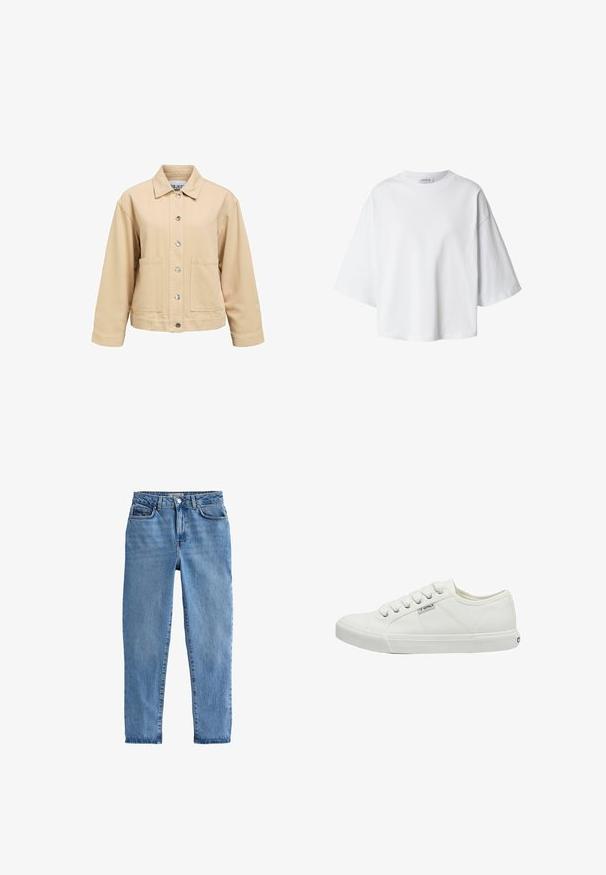 Beige katoenen jas met een knoopsluiting aan de voorkant, twee zakken aan de voorkant en een kraag. Heeft een losse pasvorm en lange mouwen.; Witte oversized T-shirt met korte mouwen, ronde hals en losse pasvorm, weergegeven op een eenvoudige achtergrond.; Lichtblauwe denim jeans met een hoge taille, recht gesneden pijpen, vijf zakken en een enkele knoopsluiting aan de voorkant.; Witte canvas sneakers met ronde neus, zes veters, textuur zijpanelen en rubberen zool. Klein merkje aan de zijkant.