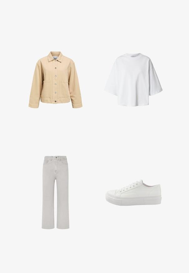Beige katoenen jas met een knoopsluiting aan de voorkant, twee zakken aan de voorkant en een kraag. Heeft een losse pasvorm en lange mouwen.; Witte oversized T-shirt met korte mouwen, ronde hals en losse pasvorm, weergegeven op een eenvoudige achtergrond.; Lichtgrijze denim jeans met een recht gesneden ontwerp, vijf zakken, rits aan de voorkant en een klassieke tailleband. Eenvoudige stikdetails.; Witte lage sneaker met veters aan de voorkant, dikke rubberen zool en minimale stikdetails, gezien vanaf de buitenkant.