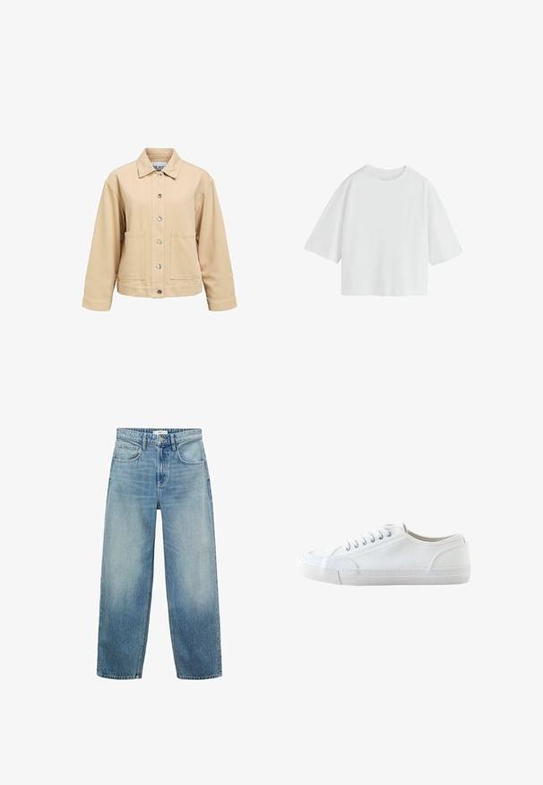 Beige Baumwolljacke mit Knopfleiste, zwei Vordertaschen und Kragen. Verfügt über eine lockere Passform und lange Ärmel.; Schlichtes weißes oversized T-Shirt mit kurzen Ärmeln, rundem Ausschnitt und lockerem Schnitt.; Helle blaue Denim-Jeans im weiten Schnitt mit hoher Taille, fünf Taschen und einem Knopfverschluss. Ausgebleichtes Muster am unteren Ende.; Weißer niedriger Canvas-Sneaker mit weißen Schnürsenkeln und Gummisohle, von der Seite auf weißem Hintergrund dargestellt.