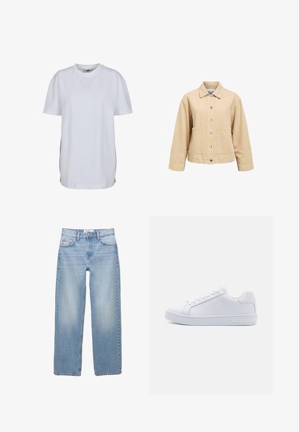 Veste en coton beige avec fermeture à boutons, deux poches avant et col classique. Coupe ample et manches longues.; T-shirt blanc uni à manches courtes avec col rond, ourlet droit et petite étiquette de marque visible à l'intérieur du col.; Jean en denim bleu clair avec une coupe droite, style cinq poches et des détails de couture visibles. Le tissu a une texture douce et légèrement décolorée.; Baskets basses en cuir blanc avec bout rond, semelle en caoutchouc plate et détail de logo sur le côté. Comprend six paires d'œillets et des accents texturés.
