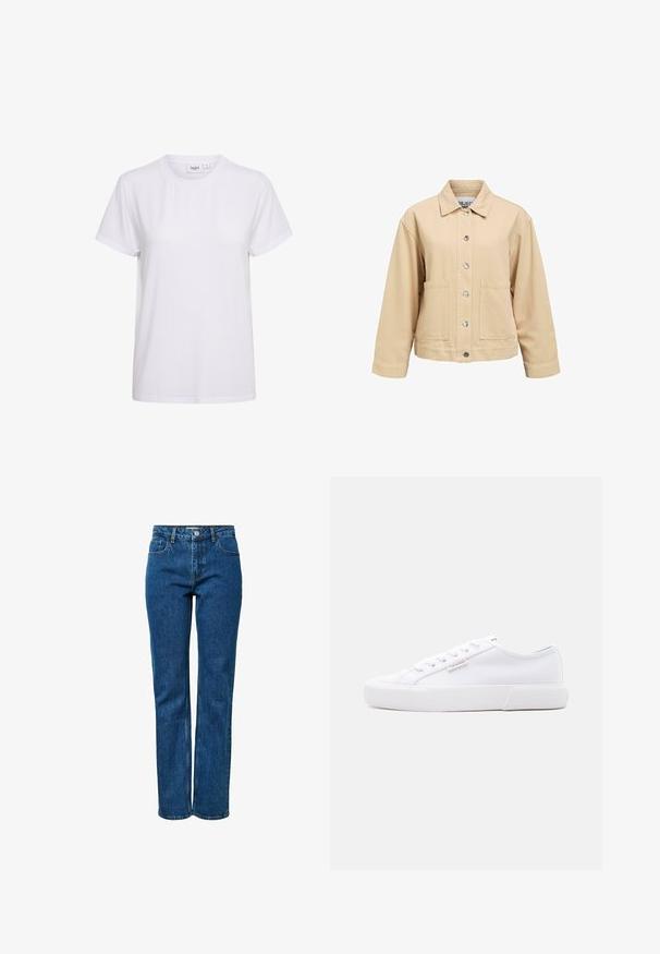 Chaqueta de algodón beige con cierre de botones, dos bolsillos delanteros y cuello con solapa. Presenta un ajuste suelto y mangas largas.; Camiseta blanca de manga corta hecha de algodón suave. Presenta un cuello redondo y un diseño simple y sin costuras, sin adornos ni patrones.; Vaqueros azules de pierna recta con cinco bolsillos, cierre de botón y cremallera, y trabillas para cinturón. Los vaqueros se muestran de pie sobre un fondo blanco liso.; Zapatilla blanca de perfil bajo con suela plataforma, cierre de cordones y pequeña etiqueta con el logo de Calvin Klein en el lateral.