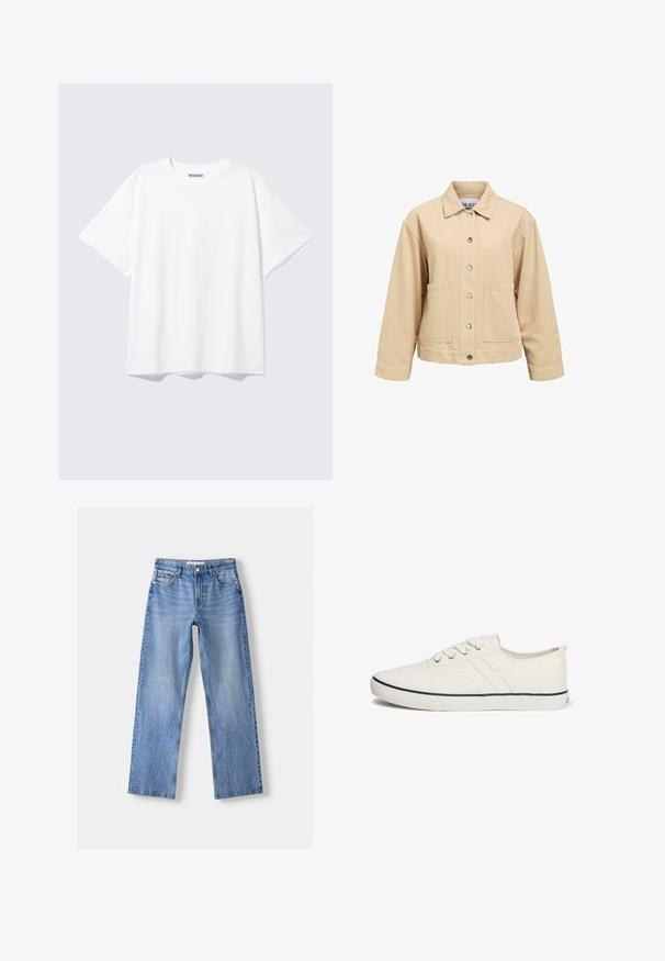 Veste en coton beige avec fermeture à boutons, deux poches avant et col classique. Coupe ample et manches longues.; T-shirt blanc à manches courtes, col rond, coupe décontractée et étiquette "WEEKDAY" à l’intérieur du dos du col.; Jean en denim bleu clair avec une coupe droite, comportant cinq poches, une fermeture à bouton sur le devant, et un léger délavage pour ajouter de la texture.; Baskets en toile blanches au design bas, à bout rond, avec six œillets, une bande de couleur marine et une semelle en caoutchouc texturée.