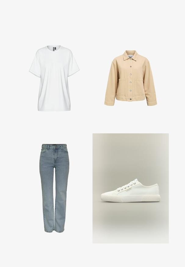 Veste en coton beige avec fermeture à boutons, deux poches avant et col classique. Coupe ample et manches longues.; T-shirt en coton blanc avec un col rond, des manches courtes et une coupe ample. Présente des détails de coutures discrètes et une étiquette au niveau du col.; Jean droit taille haute bleu clair avec fermeture à bouton et à zip à l'avant, cinq poches et passants de ceinture.; Baskets basses blanches en toile avec semelle en caoutchouc texturée, lacets blancs et petite étiquette Calvin Klein sur le côté.