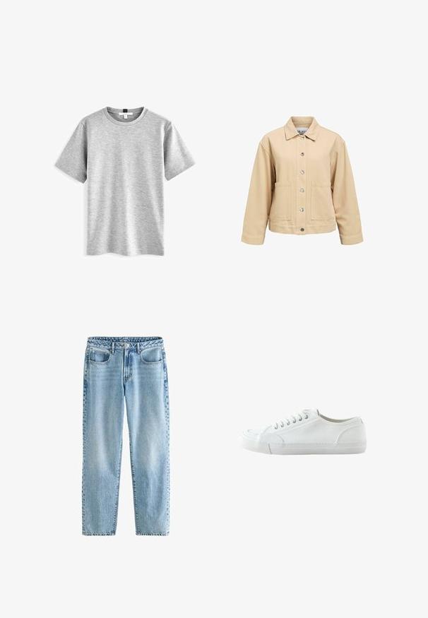Beige katoenen jas met een knoopsluiting aan de voorkant, twee zakken aan de voorkant en een kraag. Heeft een losse pasvorm en lange mouwen.; Grijs t-shirt met korte mouwen, gemaakt van zacht, gemengd materiaal, met een ronde halslijn en een eenvoudig ontwerp. Er zijn geen logo's of patronen aanwezig.; Lichtblauwe denim jeans met een relaxte pasvorm. Beschikt over vier zakken, een klassieke knoopsluiting en minimale vervaging voor een uniforme textuur.; Witte lage canvas sneaker met vetersluiting aan de voorkant, rubberen zool en een getextureerde neuskap, weergegeven vanaf de buitenkant op een witte achtergrond.