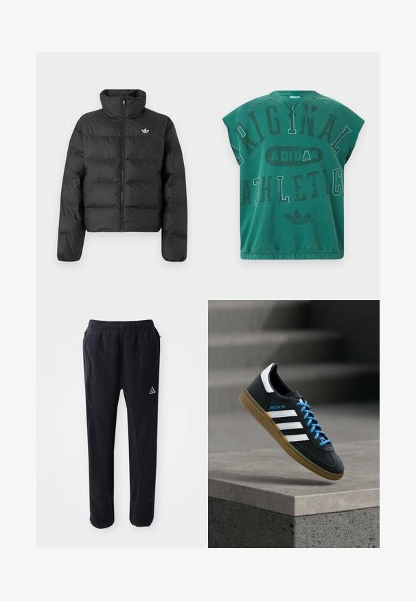 Zwarte gewatteerde jas met hoge kraag, ritssluiting aan de voorkant, lange mouwen en klein wit Adidas-logo op de borst.; Groene mouwloze Adidas top met "Original Athletics" in grote gemengde letters gedrukt aan de voorkant en het Adidas-logo eronder.; Zwarte sportbroek van een zachte, gestructureerde stof, met een elastische tailleband, zijzakken en een driehoekig logo accent op de dij.; Zwarte Adidas-sneaker met witte strepen, blauwe veters en een gumzool die boven een grijze betonnen trede zweeft in zacht licht.