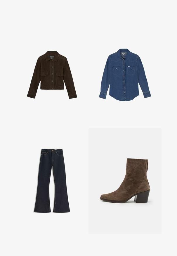 Reiss REGULAR FIT - HANSON TRUCKER - Veste en cuir - chocolate brown; Wrangler LONG SLEEVE WESTERN FOR REGULAR FIT - Chemisier - dark wash; Jean évasé en denim foncé avec une taille haute, des coutures contrastantes, une fermeture à bouton et quatre poches. Les jambes s'élargissent à l'ourlet.; Bottes à chevilles en suede marron avec un bout pointu, une fermeture éclair sur le côté et un talon épais. Présente une texture lisse et des détails de couture minimalistes.