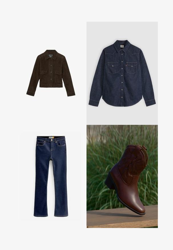 Reiss REGULAR FIT - HANSON TRUCKER - Læderjakker - chocolate brown; Mørkeblå denim skjorte med lange ærmer, spids krave, frontlukning med trykknapper og to brystlommer med knapper samt kontrastsyning.; Bootcut blå jeans lavet af denim, med forlommer, synlige syninger og en let flared nederste kant. Ingen slid eller dekorationer.; Brun læder cowboystøvle med dekorative syninger, vinklet opad på en træflade med sløret grønt græs i baggrunden.