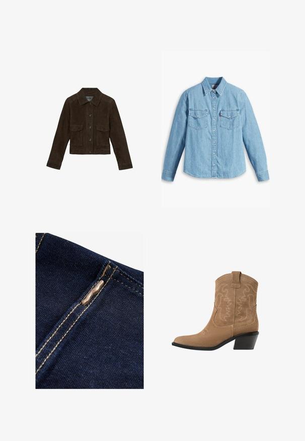 Reiss REGULAR FIT - HANSON TRUCKER - Kožená bunda - chocolate brown; Svetlomodrá džínová košeľa s dlhými rukávmi, špicatým golierom, dvoma náprsníkovými vreckami, zapínaním na gombíky a jemnou textúrou. Žiadne viditeľné vzory.; Next REGULAR FIT - WIDE LEG - Zvonové džínsy - rinse blue; Hnedé semišové westernové členkové čižmy s špicatou špičkou, vyšívaným dizajnom a nízkym, stohovaným čiernym podpätkom. Obsahujú úchyty na jednoduché obúvanie.