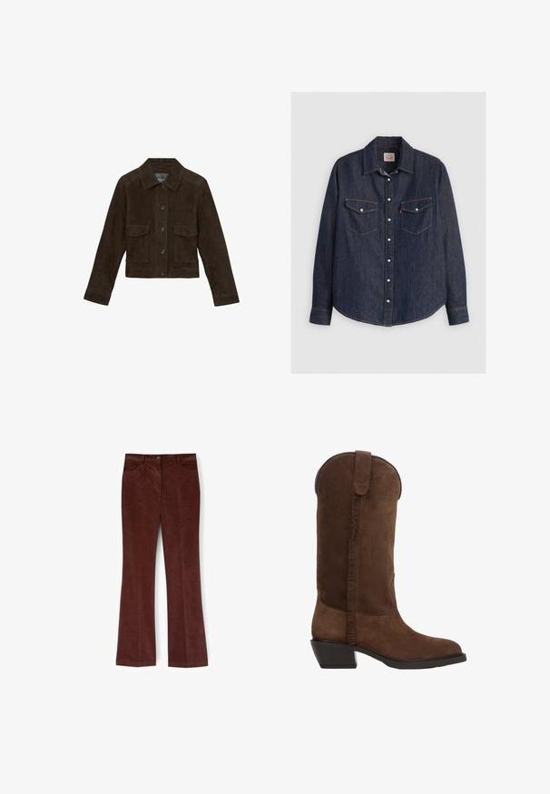 Reiss REGULAR FIT - HANSON TRUCKER - Leren jas - chocolate brown; Donkerblauwe denim overhemd met lange mouwen, kraag met knopen aan de voorkant, twee borstzakken met kleppen en contrasterende gele stiksels.; Bruine flared corduroy broek met een zachte textuur, voorzien van zakken aan de voorkant en een knoopsluiting bij de taille.; Bruine suède cowboylaars met een hoge schacht, zijfranje-detail en een blokhak. Glad textuur en rondneus ontwerp.