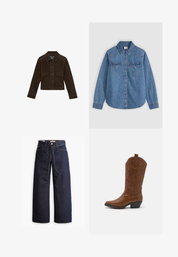 Reiss REGULAR FIT - HANSON TRUCKER - Chaqueta de cuero - chocolate brown; Camisa vaquera azul de manga larga con botones, cuello puntiagudo y dos bolsillos con solapa en el pecho sobre un fondo claro.; Jeans de mezclilla oscuros de pierna ancha con cintura alta, que cuentan con un lazo ajustable, cinco bolsillos y detalles de costura en contraste.; ONLY SHOES by Zalando ONLBRONCO - Botas camperas - brown