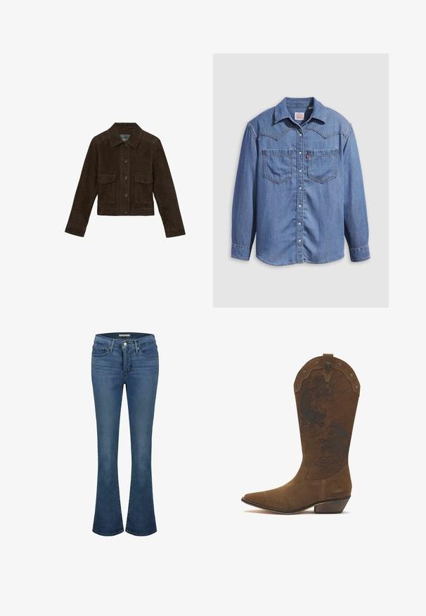 Reiss REGULAR FIT - HANSON TRUCKER - Leren jas - chocolate brown; Lichtblauw denimshirt met een puntkraag, twee borstzakken en drukknopen. Voorzien van een westernstijl yoke-ontwerp.; Blauwe denim flared jeans met een middelhoge taille, voorzien van stikselaccenten, twee voorkruipzakken en een achterzak met label.; Bruine suède cowboylaars met puntige neus, lage gestapelde hak, decoratief zwart draak- en paardenpatroon en klinknageldetails aan de bovenrand.