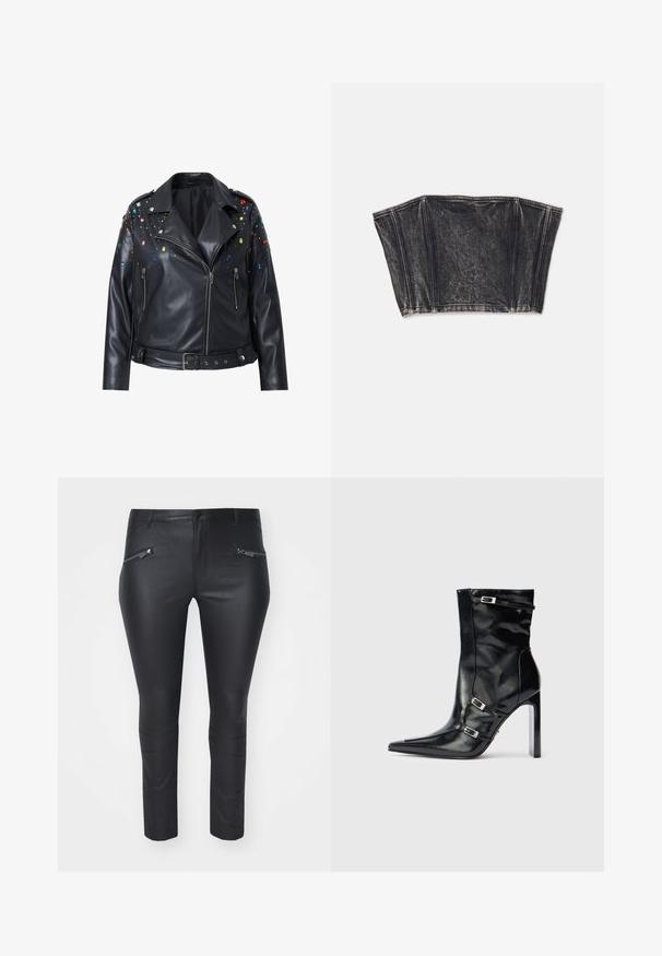 Sort faux læder bikerjakke med farverige rhinestone-detaljer, sølv lynlåse og et bælte i taljen.; Sort denim bustier med struktureret design, der har lodrette sømme og en tætsiddende, cropped form. Tekstureret overflade med subtil fading.; Sorte læderlignende bukser med en slank pasform, lynlåslukning på frontlommerne og tynde vandrette syninger nær anklerne. Glat tekstur hele vejen igennem.; Sort læder ankelstøvler med spidse tæer, høje hæle og dekorative sølvspænder på siderne for ekstra detaljer.
