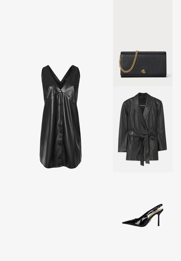 Zwarte leren blazer met een ingeknipt kraag, ceintuur op de taille en een getailleerde pasvorm. Glad textuur en minimalistisch design. Geschikt voor layering.; Zwarte mouwloze neplederen jurk met V-hals, knopen aan de voorkant en licht uitlopende zoom.; Zwart gepatineerd leren slingback pump met spitse neus, stiletto hak en uitsnedeontwerp. Voorzien van een metallic gespsierstuk.; Zwarte leren portemonnee met een gouden chain strap, voorzien van een gouden logo aan de voorkant. Minimalistisch ontwerp met een gladde textuur en een slanke vorm.