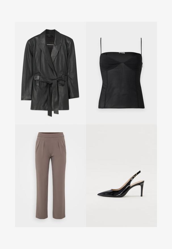 Blazer en cuir noir avec un col cranté, taille ceinturée et coupe ajustée. Texture lisse et design minimaliste. Convient pour le superposition.; Haut noir ajusté sans manches avec fines bretelles, encolure en cœur et détails de coutures sur un fond blanc uni.; Pantalons amples taupe avec taille élastique et plis à l'avant, fabriqués en tissu lisse.; Pompe slingback en cuir verni noir avec un bout pointu, un talon fin et un design de découpes subtil. Elle dispose d'une boucle dorée sur la sangle.