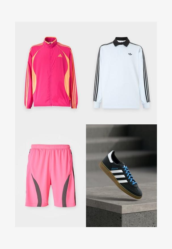 Heledast roosa Adidas jope vaarikavärviliste külgpaneelide, vaarikavärvi triipude varrukatel, elastsete mansettide ja ees tõmbeluku sulgumisega.; Hele sinine pikkade varrukatega polo-särk, musta krae, käistel kolm musta triipu ja rinnal väike must logo.; Erksiroosa spordilähedase lühikesed püksid elastse vöökohtaga. Omab halli külgmisi aktsente ja sujuvat, kerget kangast.; Must Adidas toss valgete triibu, siniste paelte ja kummist tallaga, hõljuv pehme valgusega halli betoonastme kohal.