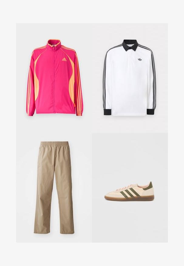Φωτεινό ροζ αθλητικό μπουφάν Adidas με ροδακινί πλαϊνές λωρίδες, ροδακινί ρίγες στα μανίκια, ελαστικά μανσέτα και φερμουάρ στο μπροστινό μέρος.; Λευκή πόλο μπλούζα με μακρύ μανίκι, μαύρο γιακά, μαύρα μανσέτα, μαύρο σχέδιο με τρεις ρίγες στα μανίκια και μαύρο λογότυπο Adidas στο στήθος.; Μπεζ, ελαφριές παντελόνες με ελαστική μέση, ίσια πόδια και πλαϊνές τσέπες. Ομαλή υφή με διακριτικές λεπτομέρειες ραφής.; Χαμηλού προφίλ μπεζ αθλητικό παπούτσι Adidas Spezial με πράσινες ρίγες, σόλα από καουτσούκ και την επωνυμία "SPEZIAL" στην πλευρά, εμφανίζεται από την εξωτερική πλευρά.