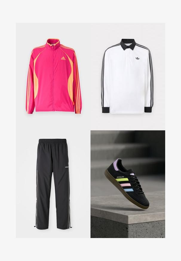 Žiarivo ružová tréningová bunda Adidas s broskyňovými bočnými panelmi, broskyňovými pruhmi na rukávoch, elastickými manžetami a predným zipsom.; Biele polo s dlhým rukávom s čiernym golierom, čiernymi manžetami, čiernym dizajnom troch pruhov na rukávoch a čiernym logom Adidas na hrudi.; Čierne športové nohavice vyrobené z ľahkej látky, s bielymi bočnými pásmi, elastickým pásom a nastaviteľnými členkovými manžetami.; Čierna teniska Adidas Spezial s pastelovo žltými, ružovými a modrými pruhmi, levanduľovým jazýčkom na päte a hnedou podrážkou, vznášajúca sa nad betónovou hranou.