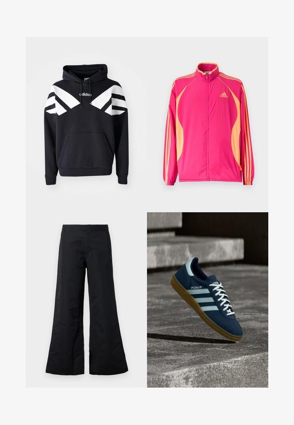 Heldere roze Adidas trainingsjack met perzikkleurige zijpanelen, perzikkleurige strepen op de mouwen, elastische manchetten en een ritssluiting aan de voorkant.; Zwarte hoodie met witte diagonale strepen over de borst en mouwen, voorvak en logo op de bovenkant van de borst.; Zwarte broek met wijde pijpen van gladde stof, met voorplooien en een tailleband. Een schoon ontwerp zonder zichtbare patronen of accenten.; Blauwe Adidas Spezial sneaker met witte strepen en veters, gumzool, zwevend boven een ruwe betonnen oppervlakte en trappen op de achtergrond.