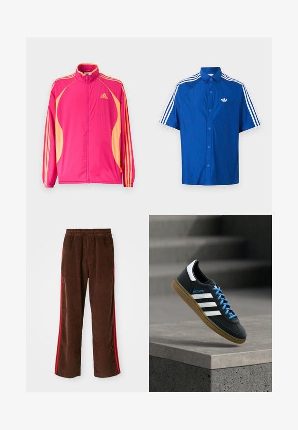 Heledast roosa Adidas jope vaarikavärviliste külgpaneelide, vaarikavärvi triipude varrukatel, elastsete mansettide ja ees tõmbeluku sulgumisega.; Sinine lühikeste varrukatega nööpide ja valge Adidas logo rinnal ning kolm valget triipu, mis kulgevad mööda õlgu ja varrukaid.; Pruunid kootud püksid elastse elastse vöökohtadega, punaste külgribadega ja sirgete jalgadega. Tekstuuriga kangas koos peente ribade detailidega.; Must Adidas toss valgete triibu, siniste paelte ja kummist tallaga, hõljuv pehme valgusega halli betoonastme kohal.