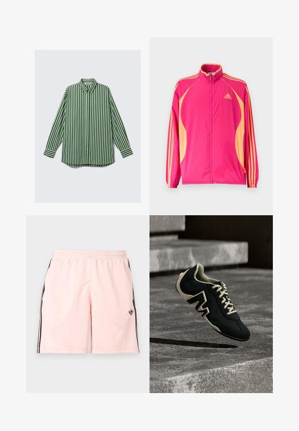 Žiarivo ružová tréningová bunda Adidas s broskyňovými bočnými panelmi, broskyňovými pruhmi na rukávoch, elastickými manžetami a predným zipsom.; Pánska košela s dlhým rukávom, siahajúca po zápästie, s vertikálnymi pruhmi v zelenej, bielej a hnedej farbe, prednou náprsníkovou kapsou a golierom s gombíkmi.; Ružové športové šortky z hladkej látky, s čiernymi bočnými pruhmi a malým logom na dolnej ľavej strane. Elastický pás.; Čierno-béžová teniska s textúrovanou podrážkou a veľkým detailom v tvare písmena „M“, ktoré sa vznáša nad textúrovanými betónovými schodmi v neutrálnej svetlosti.