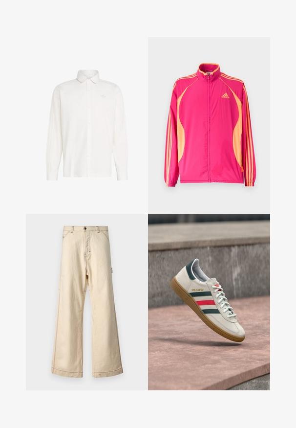Φωτεινό ροζ αθλητικό μπουφάν Adidas με ροδακινί πλαϊνές λωρίδες, ροδακινί ρίγες στα μανίκια, ελαστικά μανσέτα και φερμουάρ στο μπροστινό μέρος.; Λευκό πουκάμισο με μακριά μανίκια και γιακά, με διακριτικό λογότυπο Adidas στο αριστερό μέρος του στήθους και απαλά ριγέ λεπτομέρειες στα μανίκια.; Μπεζ παντελόνι με φαρδιά στρίφωμα, φτιαγμένο από βαμβάκι, με κλείσιμο φερμουάρ και κουμπί, που διαθέτει αντίθετο ράψιμο και πλαϊνές τσέπες.; Λευκό sneaker Adidas με πράσινες και κόκκινες ρίγες, καουτσούκ σόλα και λογότυπο "SPEZIAL", που αιωρείται πάνω από λιθόστρωτο.