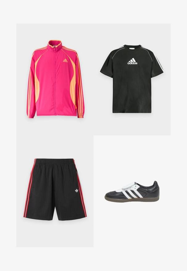 Lyserød Adidas træningsjakke med ferskenfarvede sidepaneler, ferskenfarvede striber på ærmerne, elastiske manchetter og lynlås foran.; Sort T-shirt med korte ærmer, hvide Adidas-logo på brystet og hvide striber på skuldrene. Fremstillet af glat stof, afslappet pasform.; Sorte atletikshorts med elastisk talje, røde og hvide sidestreger, to sidelommer og hvid Adidas trebladet logo på venstre ben.; adidas Originals SAMBA LT - Sneakers - core black footwear white gum