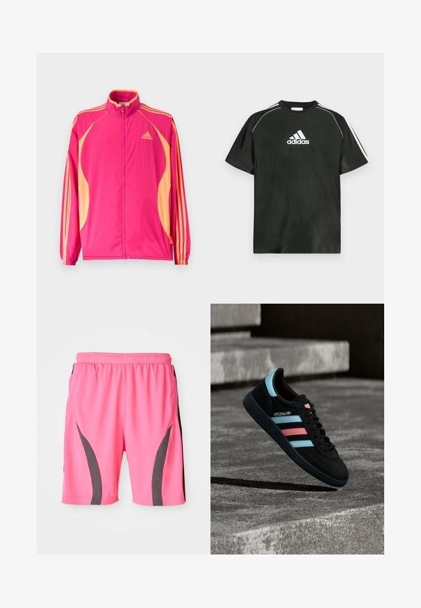 Heledast roosa Adidas jope vaarikavärviliste külgpaneelide, vaarikavärvi triipude varrukatel, elastsete mansettide ja ees tõmbeluku sulgumisega.; Must lühikeste varrukatega T-särk, millel on valge Adidas logo rinnal ja valged triibud õlgadel. Valmistatud siledast kangast, lõdva lõikega.; Erksiroosa spordilähedase lühikesed püksid elastse vöökohtaga. Omab halli külgmisi aktsente ja sujuvat, kerget kangast.; Must Adidas Spezial toss siniste ja roosade triipudega, hõljumas tekstuurse halli betoonpinna kohal, all varjuga.