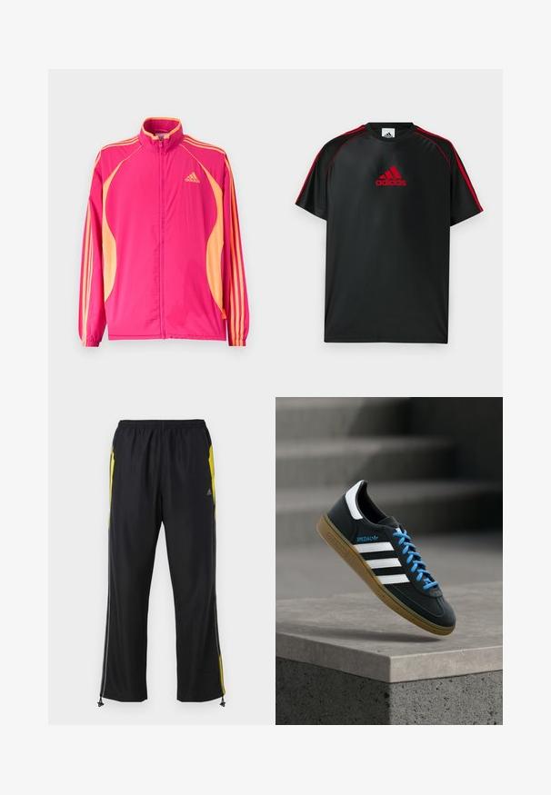 Veste de survêtement Adidas rose vif avec panneaux latéraux pêche, rayures pêche sur les manches, poignets élastiques et fermeture zippée à l'avant.; T-shirt de sport noir avec des accents rouges et un logo. Confectionné en tissu lisse et léger. Doté d'un col rond et de manches courtes.; Pantalons de sport noirs avec des accents jaunes sur les côtés, taille élastique et poches latérales zippées. Fabriqués en tissu léger et lisse.; Baskets Adidas noires avec des rayures blanches, des lacets bleus et une semelle en gomme flottant au-dessus d'une marche en béton grise sous une lumière douce.