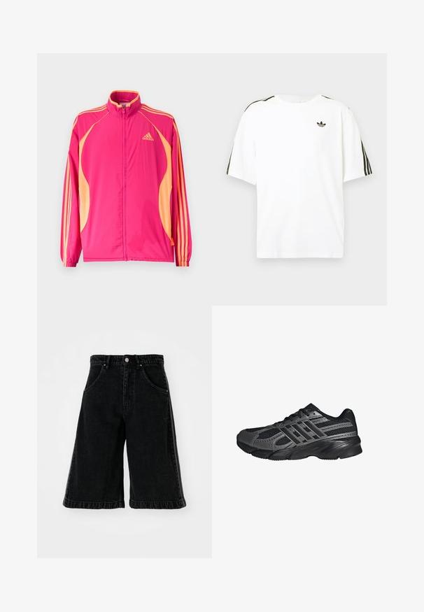 Žiarivo ružová tréningová bunda Adidas s broskyňovými bočnými panelmi, broskyňovými pruhmi na rukávoch, elastickými manžetami a predným zipsom.; Biela bavlnená tričko s krátkymi rukávmi, s čiernymi trojpruhmi na pleciach a malým čiernym logom na hrudi.; Čierne džínsy krátke nohavice s širokým strihom, vysokým pásom, pútkami na opasok a prednými vreckami. Minimalistické prešívanie a detaily kovania.; Čierne športové topánky vyrobené z pletiva a syntetických materiálov, s textúrovaným povrchom, viacerými šedými pruhmi a polstrovaným golierom.