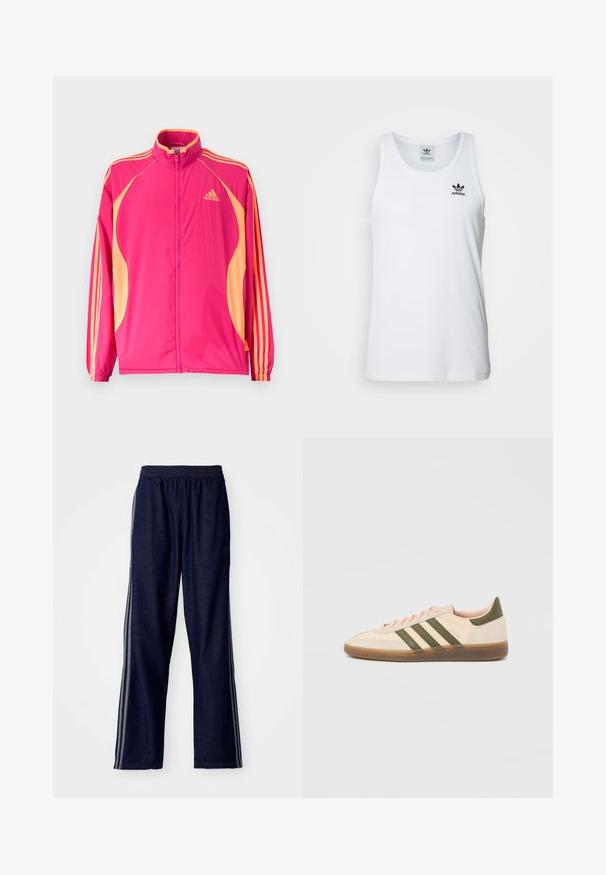Heldere roze Adidas trainingsjack met perzikkleurige zijpanelen, perzikkleurige strepen op de mouwen, elastische manchetten en een ritssluiting aan de voorkant.; Witte geribde tanktop met ronde hals, zwarte Adidas-logo op de linkerborst en zonder mouwen. Zachte katoenen stof, casual pasvorm.; Marineblauwe sportbroek met een elastische tailleband, voorzien van drie witte zijstrepen en een recht-aansluitend ontwerp. Zachte denim structuur.; Beige Adidas Spezial sneaker met een laag profiel, groene strepen, een gumkleurige zool en "SPEZIAL" branding aan de zijkant, gezien vanaf de buitenzijde.