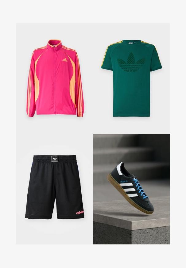 Heldere roze Adidas trainingsjack met perzikkleurige zijpanelen, perzikkleurige strepen op de mouwen, elastische manchetten en een ritssluiting aan de voorkant.; Groen T-shirt met korte mouwen, voorzien van een donker groen Adidas trefoil-logo en gele strepen op de schouders, tegen een witte achtergrond.; Zwarte sportshorts gemaakt van gestructureerde, ademende stof. Heeft een elastische tailleband en een roze "adidas" logo aan de onderkant aan de rechterzijde.; Zwarte Adidas-sneaker met witte strepen, blauwe veters en een gumzool die boven een grijze betonnen trede zweeft in zacht licht.