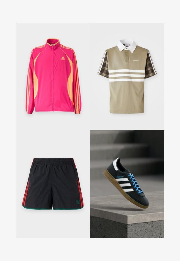 Heledast roosa Adidas jope vaarikavärviliste külgpaneelide, vaarikavärvi triipude varrukatel, elastsete mansettide ja ees tõmbeluku sulgumisega.; Olive rohelises polo särk, millel on valged triibud ja lühi varrukatel ruuduline muster. Omab valget kraed ja logo rinnal.; Mustad lühikesed püksid punaste külgriidega ja rohelise äärega. Elastne vöökoht, vasakul küljel rohelise Adidas'i logoga. Kerge materjal.; Must Adidas toss valgete triibu, siniste paelte ja kummist tallaga, hõljuv pehme valgusega halli betoonastme kohal.