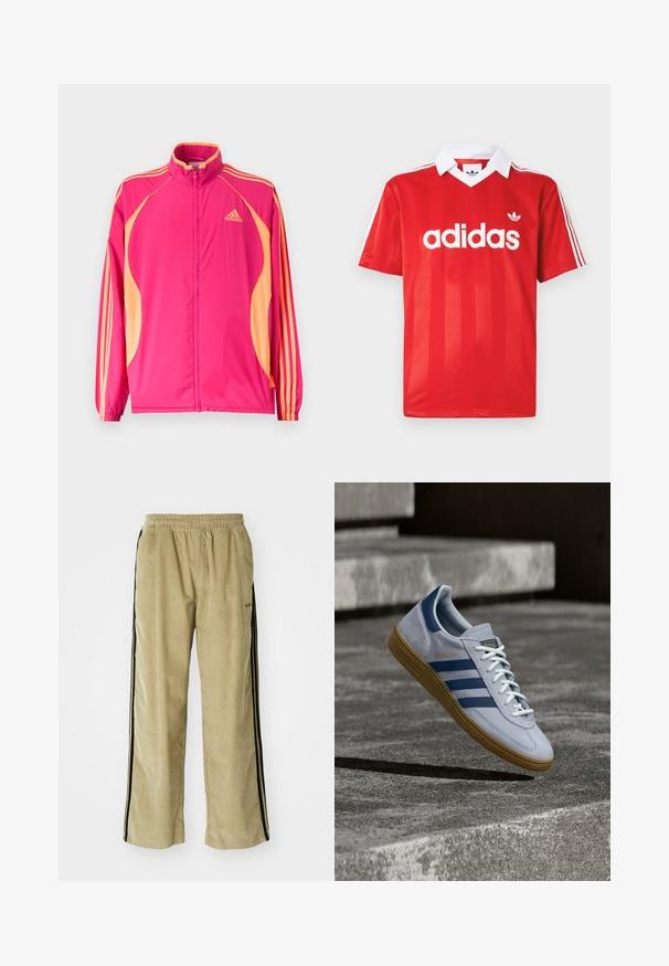 Žiarivo ružová tréningová bunda Adidas s broskyňovými bočnými panelmi, broskyňovými pruhmi na rukávoch, elastickými manžetami a predným zipsom.; Červený športový dres Adidas s bielym golierom, tromi bielymi pruhmi na rukávoch a logom Adidas uprostred na hrudi.; Bežové kordové nohavice s elastickým pásom, s čiernymi bočnými pruhmi. Tkanina má ryhovanú textúru, na spodnej strane sú mierne rozšírené.; Svetlomodrá teniska Adidas Spezial s námorníckymi modrými pruhmi a gumovou podrážkou, zobrazená vo vzduchu nad betónovými schodmi v neutrálnej vonkajšej scéne.