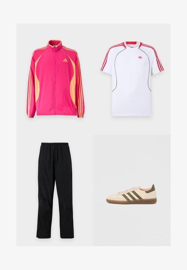Žiarivo ružová tréningová bunda Adidas s broskyňovými bočnými panelmi, broskyňovými pruhmi na rukávoch, elastickými manžetami a predným zipsom.; Biele športové tričko s krátkym rukávom, s červenými pruhmi na ramenách a rukávoch, čiernym lemovaním vpredu a červeným logom Adidas trefoil na hrudi.; Čierne nylonové nohavice s elastickým pásom, s ľahkým textúrovaným povrchom a akcentmi na švoch pre moderný dizajn.; Nízky béžový tenisky Adidas Spezial so zelenými pruhmi, gumovou podrážkou a nápisom „SPEZIAL“ na boku, zobrazené z vonkajšej strany.