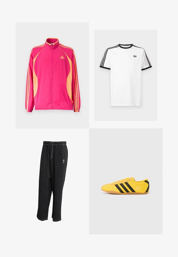 Heldere roze Adidas trainingsjack met perzikkleurige zijpanelen, perzikkleurige strepen op de mouwen, elastische manchetten en een ritssluiting aan de voorkant.; Witte katoenen t-shirt met zwart geribde halslijn en mouwen, met drie zwarte strepen op elke schouder en een klein logo op de borst.; Zwarte pinstriped broeken met een elastische tailleband, zijzakken en een klein logo label aan de voorkant. Lichte stof met een gladde textuur.; Geel sportschoen met een gestructureerd bovenwerk, voorzien van zwarte strepen en logo. Ronde neus, zachte zool en zigzagpatroon op het materiaal.