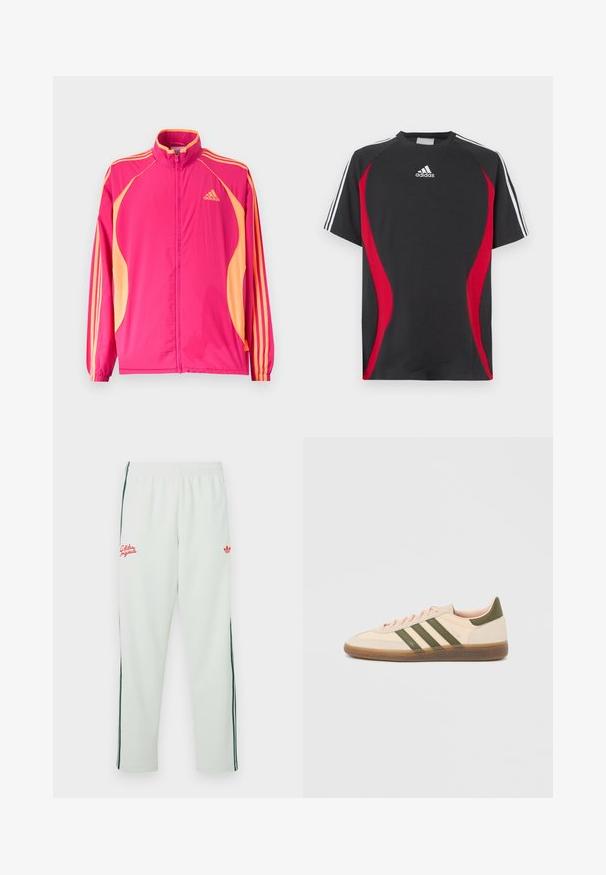 Φωτεινό ροζ αθλητικό μπουφάν Adidas με ροδακινί πλαϊνές λωρίδες, ροδακινί ρίγες στα μανίκια, ελαστικά μανσέτα και φερμουάρ στο μπροστινό μέρος.; Μαύρη κοντομάνικη μπλούζα με κόκκινες πλάγιες λεπτομέρειες, λευκό λογότυπο Adidas στο στήθος και λευκές ρίγες στους ώμους. Κατασκευασμένη από λείο ύφασμα.; Ανοιχτό πράσινο παντελόνι φόρμας με ελαστική μέση, διαθέτει κόκκινο κεντημένο λογότυπο και πράσινες πλευρικές ρίγες. Απαλό ύφασμα με χαλαρή εφαρμογή.; Χαμηλού προφίλ μπεζ αθλητικό παπούτσι Adidas Spezial με πράσινες ρίγες, σόλα από καουτσούκ και την επωνυμία "SPEZIAL" στην πλευρά, εμφανίζεται από την εξωτερική πλευρά.