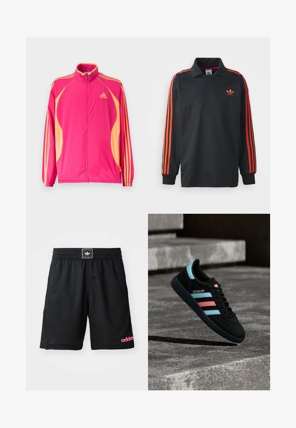 Lyserød Adidas træningsjakke med ferskenfarvede sidepaneler, ferskenfarvede striber på ærmerne, elastiske manchetter og lynlås foran.; Sort langærmet polo med krave, prydet med røde striber på ærmerne og et lille rødt logo på brystet. Glat stofstruktur.; Sort sportsshorts lavet af tekstureret, åndbart stof. Har en elastisk talje og et pink "adidas"-logo på den nederste højre side.; Sort Adidas Spezial sneaker med blå og pink striber, svævende over en tekstureret grå betonoverflade med skygge nedenunder.