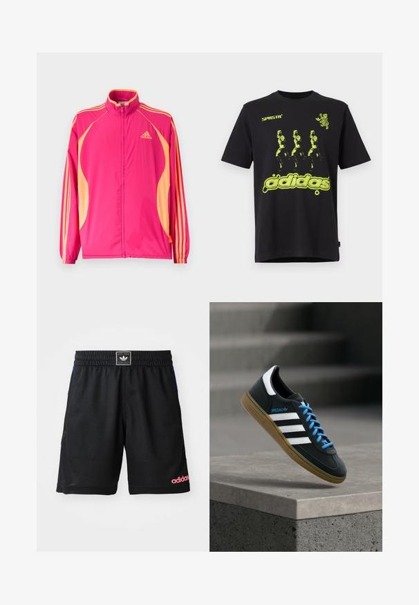 Heldere roze Adidas trainingsjack met perzikkleurige zijpanelen, perzikkleurige strepen op de mouwen, elastische manchetten en een ritssluiting aan de voorkant.; Zwarte katoenen t-shirt met een felgroen grafisch ontwerp met drie figuren en de tekst "adidas" onderaan. Crew neck stijl.; Zwarte sportshorts gemaakt van gestructureerde, ademende stof. Heeft een elastische tailleband en een roze "adidas" logo aan de onderkant aan de rechterzijde.; Zwarte Adidas-sneaker met witte strepen, blauwe veters en een gumzool die boven een grijze betonnen trede zweeft in zacht licht.