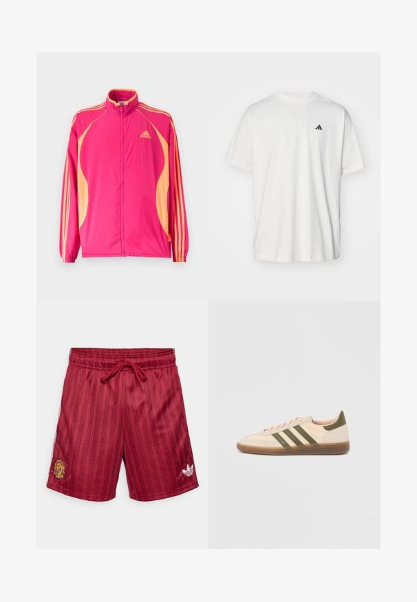 Φωτεινό ροζ αθλητικό μπουφάν Adidas με ροδακινί πλαϊνές λωρίδες, ροδακινί ρίγες στα μανίκια, ελαστικά μανσέτα και φερμουάρ στο μπροστινό μέρος.; Λευκό βαμβακερό μπλουζάκι με κοντά μανίκια, λαιμόκοψη τύπου crew και μικρό μαύρο λογότυπο Adidas στο αριστερό στήθος. Μαλακή υφή, άνετη εφαρμογή.; Κόκκινα ριγέ σορτς από ελαφρύ ύφασμα, με ελαστική μέση και κορδόνι, καθώς και κεντημένο λογότυπο στο αριστερό πόδι.; Χαμηλού προφίλ μπεζ αθλητικό παπούτσι Adidas Spezial με πράσινες ρίγες, σόλα από καουτσούκ και την επωνυμία "SPEZIAL" στην πλευρά, εμφανίζεται από την εξωτερική πλευρά.