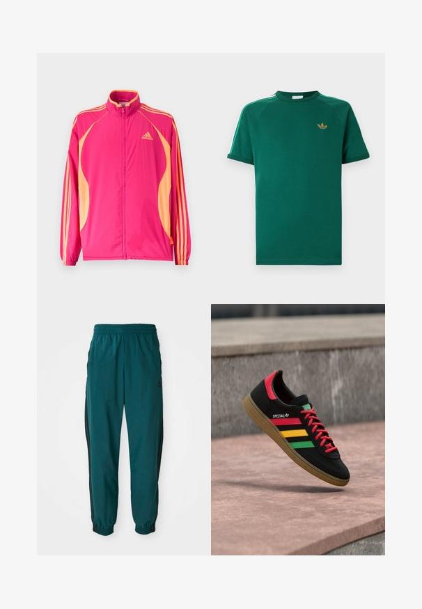 Leuchtend pinke Adidas-Trainingsjacke mit aprikosenfarbenen Seitenpartien, aprikosenfarbenen Streifen auf den Ärmeln, elastischen Bündchen und Reißverschluss vorne.; Grünes Adidas-T-Shirt mit kurzen Ärmeln und Rundhalsausschnitt, goldenem Trefoil-Logo auf der Brust und weißen Streifen mit grünen Kanten entlang der Schultern.; Türkise Sporthose mit einem Kordelzugbund, elastischen Bündchen und seitlichen schwarzen Streifen. Hergestellt aus leichtem Stoff und mit einem Logo in der Nähe der Hüfte.; Schwarzer Adidas Spezial Sneaker mit roten, gelben und grünen Streifen, roten Schnürsenkeln, Gummisohle und rotem Fersen-Detail, schwebend über dem Pflaster gezeigt.