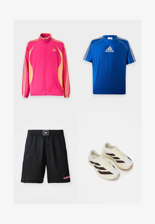 Heledast roosa Adidas jope vaarikavärviliste külgpaneelide, vaarikavärvi triipude varrukatel, elastsete mansettide ja ees tõmbeluku sulgumisega.; Sinine Adidas spordisärk valge logoga rinnal, valgete triipudega õlgadel ja neoonkollase ääristusega õmblustel.; Mustad mustikud, mis on valmistatud tekstuurilisest, hingavast kangast. Omab elastset vöökohta ja roosa "adidas" logo alumises paremas nurgas.; Kerge kreemjas värvitoonis jooksutossud tumedate pruunide diagonaalribadega, tekstureeritud võrkkattega ülisoe ja pehmendustega tallaga. Omaduseks on kollane "ADIZERO" bränding.