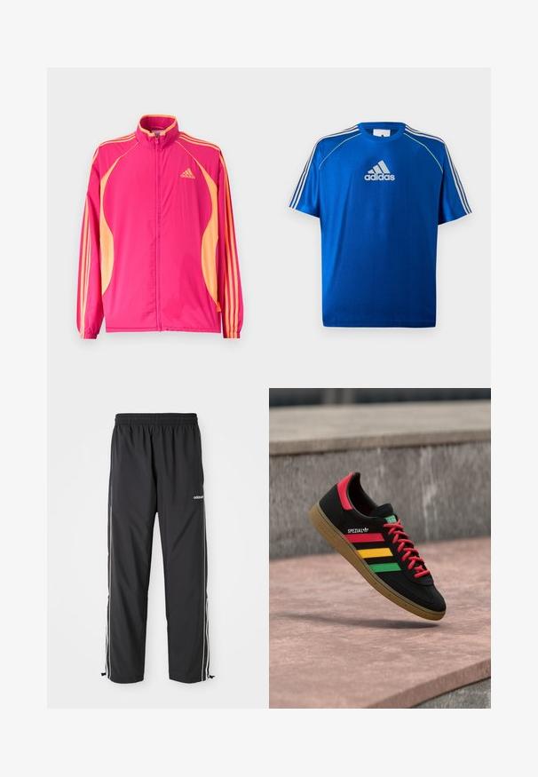 Heldere roze Adidas trainingsjack met perzikkleurige zijpanelen, perzikkleurige strepen op de mouwen, elastische manchetten en een ritssluiting aan de voorkant.; Blauw Adidas sport T-shirt met een wit logo op de borst, witte strepen op de schouders en neongele biezen langs de schoudernaden.; Zwarte sportieve broek van lichtgewicht stof, met witte zijstrepen, een elastische tailleband en verstelbare enkelmanchetten.; Zwarte Adidas Spezial sneaker met rode, gele en groene strepen, rode veters, gumzool en een rode hieldetail, zwevend boven het trottoir.