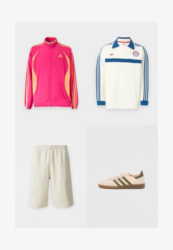 Žiarivo ružová tréningová bunda Adidas s broskyňovými bočnými panelmi, broskyňovými pruhmi na rukávoch, elastickými manžetami a predným zipsom.; Biele športové dres s dlhým rukávom, modrým golierom, modrými pruhmi na rukávoch, modrým pruhom na hrudi, červeným logom a štítovým emblémom s hviezdami na hrudi.; Svetlo béžové športové šortky s elastickým pásom, hladkou textúrou a jemným logom na dolnej ľavej strane. Bez vreciek.; Nízky béžový tenisky Adidas Spezial so zelenými pruhmi, gumovou podrážkou a nápisom „SPEZIAL“ na boku, zobrazené z vonkajšej strany.