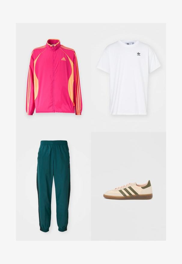 Lyserød Adidas træningsjakke med ferskenfarvede sidepaneler, ferskenfarvede striber på ærmerne, elastiske manchetter og lynlås foran.; Hvid bomulds T-shirt med korte ærmer, rund halsudskæring og et sort Adidas-logo med tre striber på venstre brystområde.; Teal sportsbukser med snoretræk i taljen, elastiske manchetter og sorte striber på siden. Lavet af letvægtsstof med et logo nær hoften.; Beige Adidas Spezial sneaker med lav profil, grønne striber, gummisål og "SPEZIAL"-branding på siden, vist fra ydersiden.