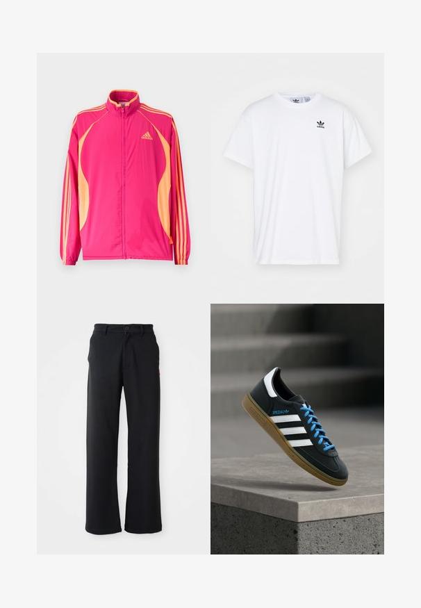 Chaqueta deportiva Adidas de color rosa brillante con paneles laterales melocotón, rayas melocotón en las mangas, puños elásticos y cierre frontal con cremallera.; Camiseta blanca de algodón con mangas cortas, escote redondo y un logo negro de Adidas con tres franjas en la zona del lado izquierdo del pecho.; Pantalones negros de pierna recta con cierre de botón y cremallera, lazos para cinturón y bolsillos laterales, exhibidos sobre un fondo blanco.; Zapatilla negra Adidas con franjas blancas, cordones azules y suela de goma flotando sobre un escalón de hormigón gris con luz suave.